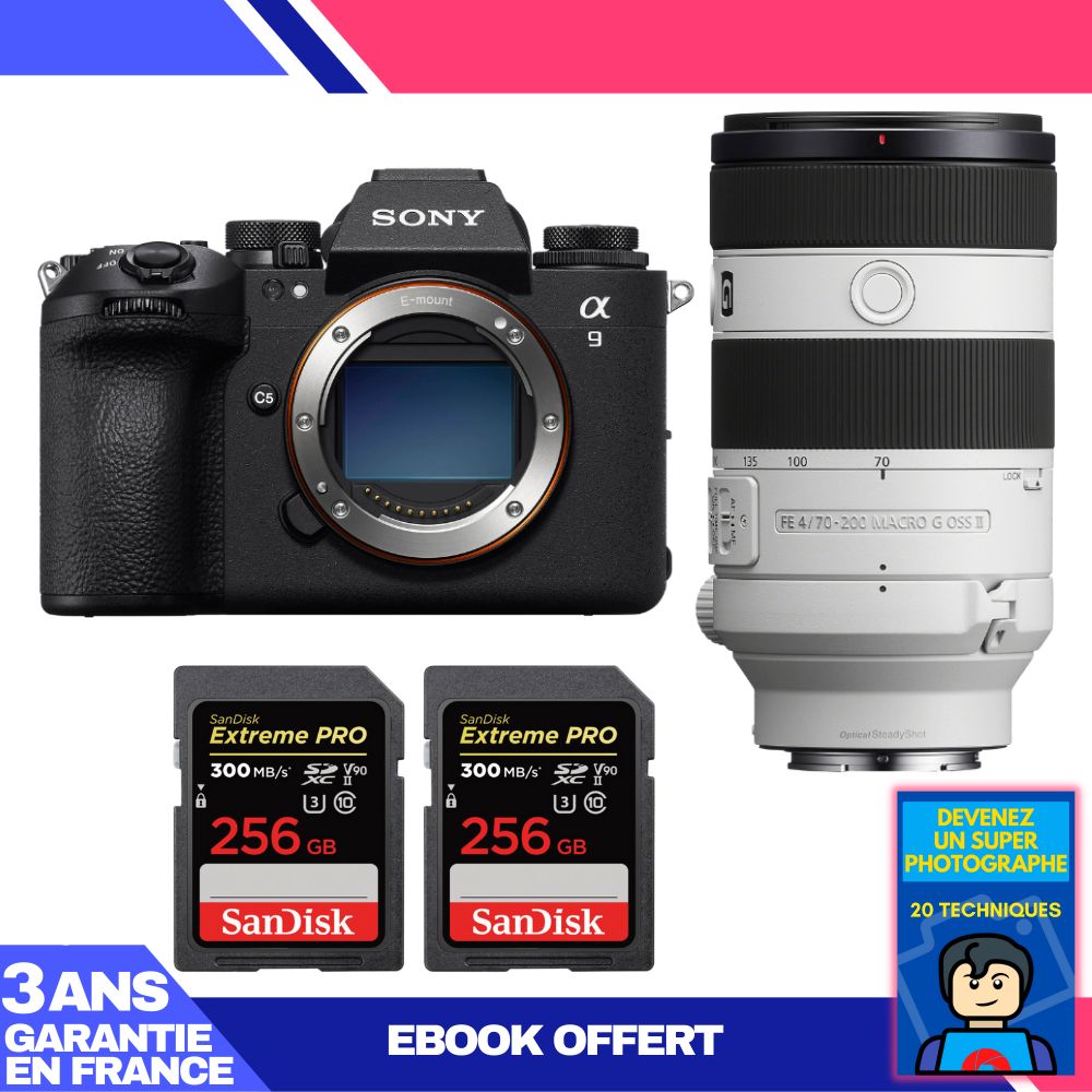 Sony A9 III Body + FE 70-200mm f/4 Macro G OSS II Lens + 2x SanDisk 256GB Extreme PRO UHS-II SDXC Cards + 'Become a Super Photographer' Ebook
