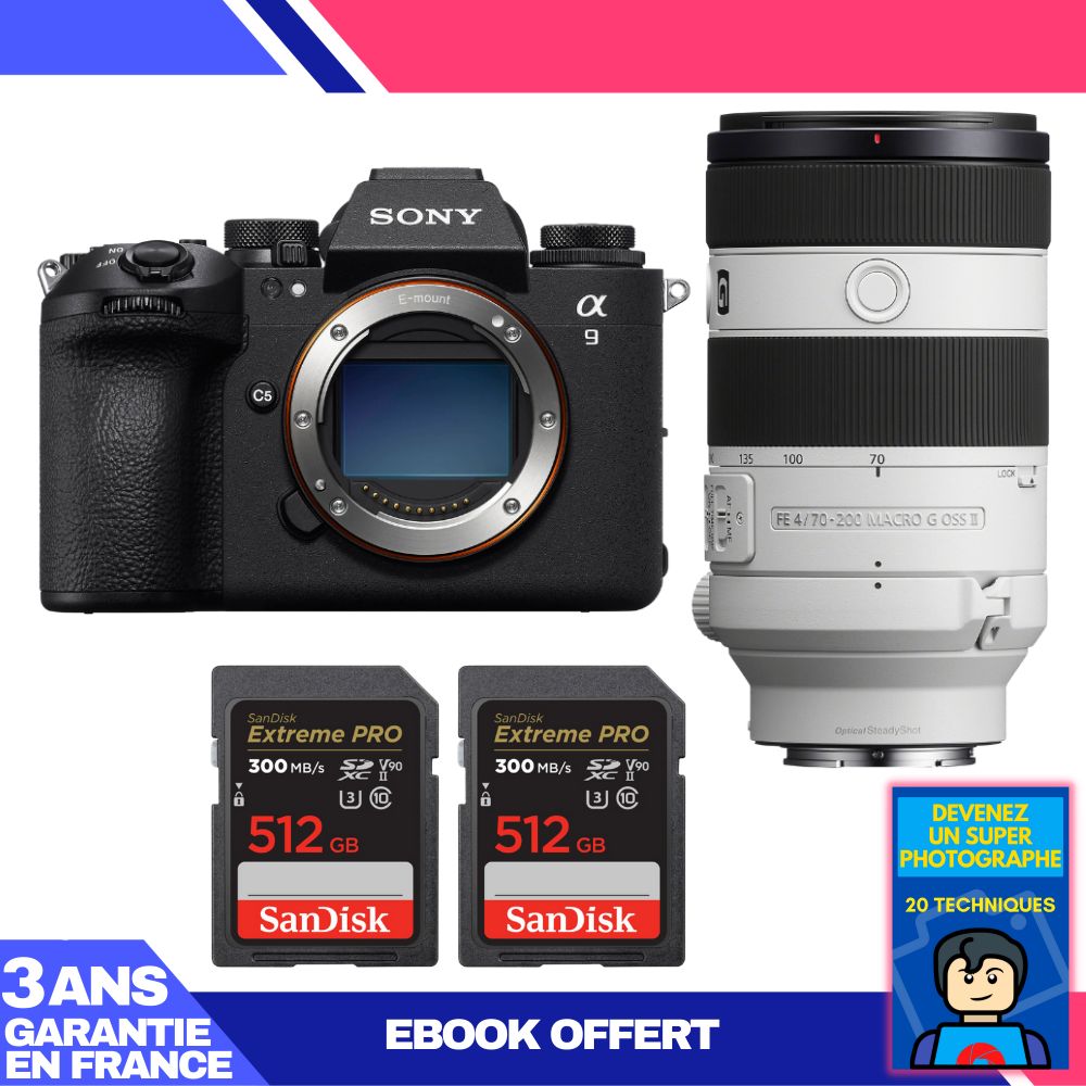 Sony A9 III Camera + FE 70-200mm f/4 Macro G OSS II Lens + 2x 512GB SanDisk Extreme PRO UHS-II SDXC Cards + 'Become a Super Photographer' Ebook