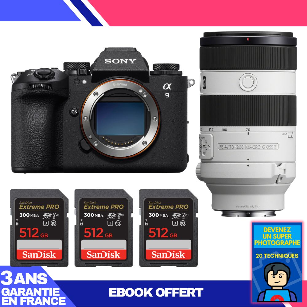 Sony A9 III Body + FE 70-200mm f/4 Macro G OSS II Lens + 3x 512GB SanDisk Extreme PRO UHS-II SDXC Cards + 'Become a Master Photographer' Ebook