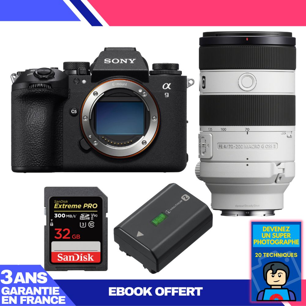 Sony A9 III Camera Kit with FE 70-200mm f/4 Macro G OSS II Lens + SanDisk 32GB Extreme PRO SD Card + Sony NP-FZ100 Battery + Ebook