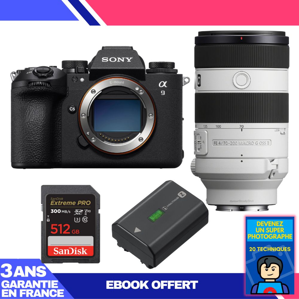 Sony A9 III Camera Body + FE 70-200mm f/4 Macro G OSS II Lens + 1 SanDisk 512GB Extreme PRO UHS-II SDXC Card + 1 Sony NP-FZ100 Battery + 'Become a Super Photographer' Ebook