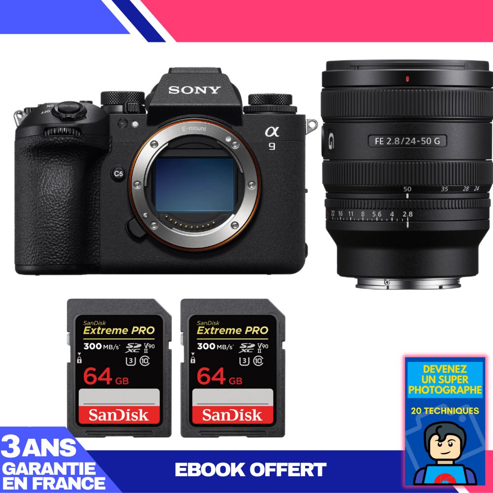 Sony A9 III Camera Kit with FE 24-50mm f/2.8 G Lens + 2x 64GB SanDisk Extreme PRO UHS-II SDXC Cards