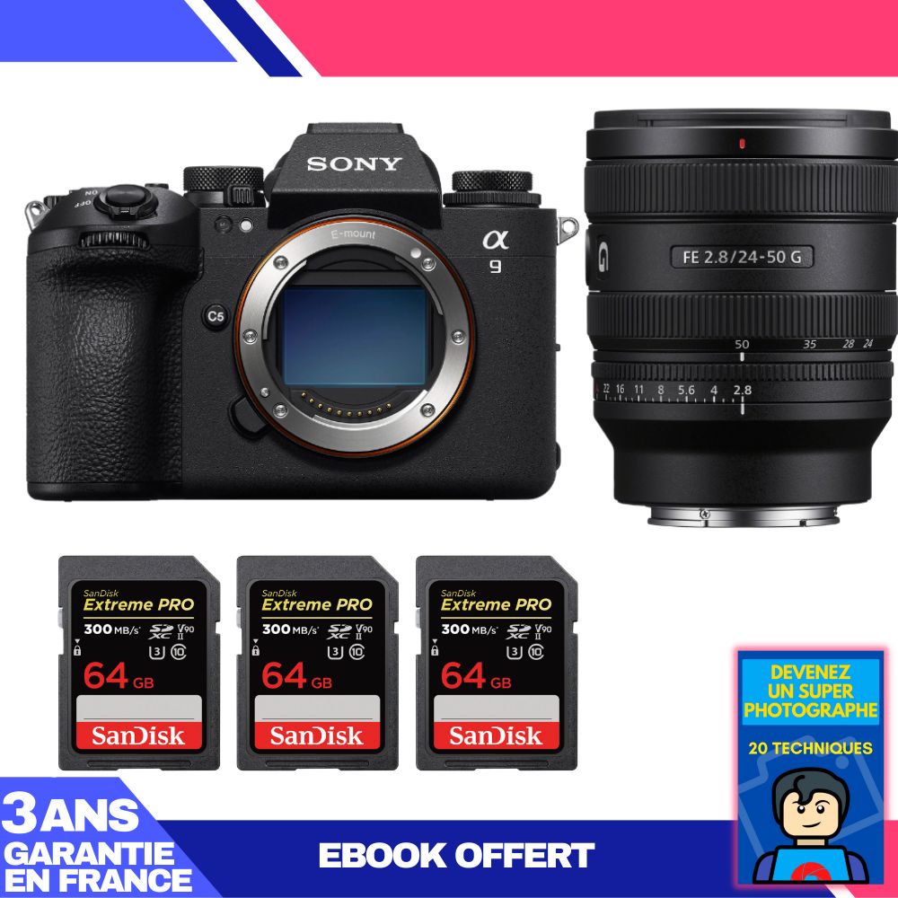 Sony A9 III Camera Kit with FE 24-50mm f/2.8 G Lens + 3 SanDisk 64GB Extreme PRO SD Cards + 'Become a Super Photographer' Ebook