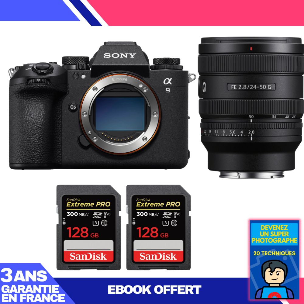 Sony A9 III Camera Kit with FE 24-50mm f/2.8 G Lens and 2x 128GB SanDisk Extreme PRO SD Cards + Ebook 'Become a Super Photographer'