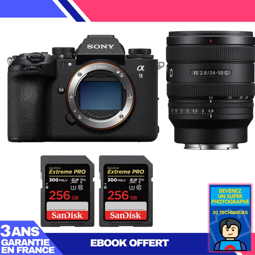 Sony A9 III Camera Kit with FE 24-50mm f/2.8 G Lens + 2x 256GB SanDisk Extreme PRO SDXC Cards + 'Become a Super Photographer' Ebook