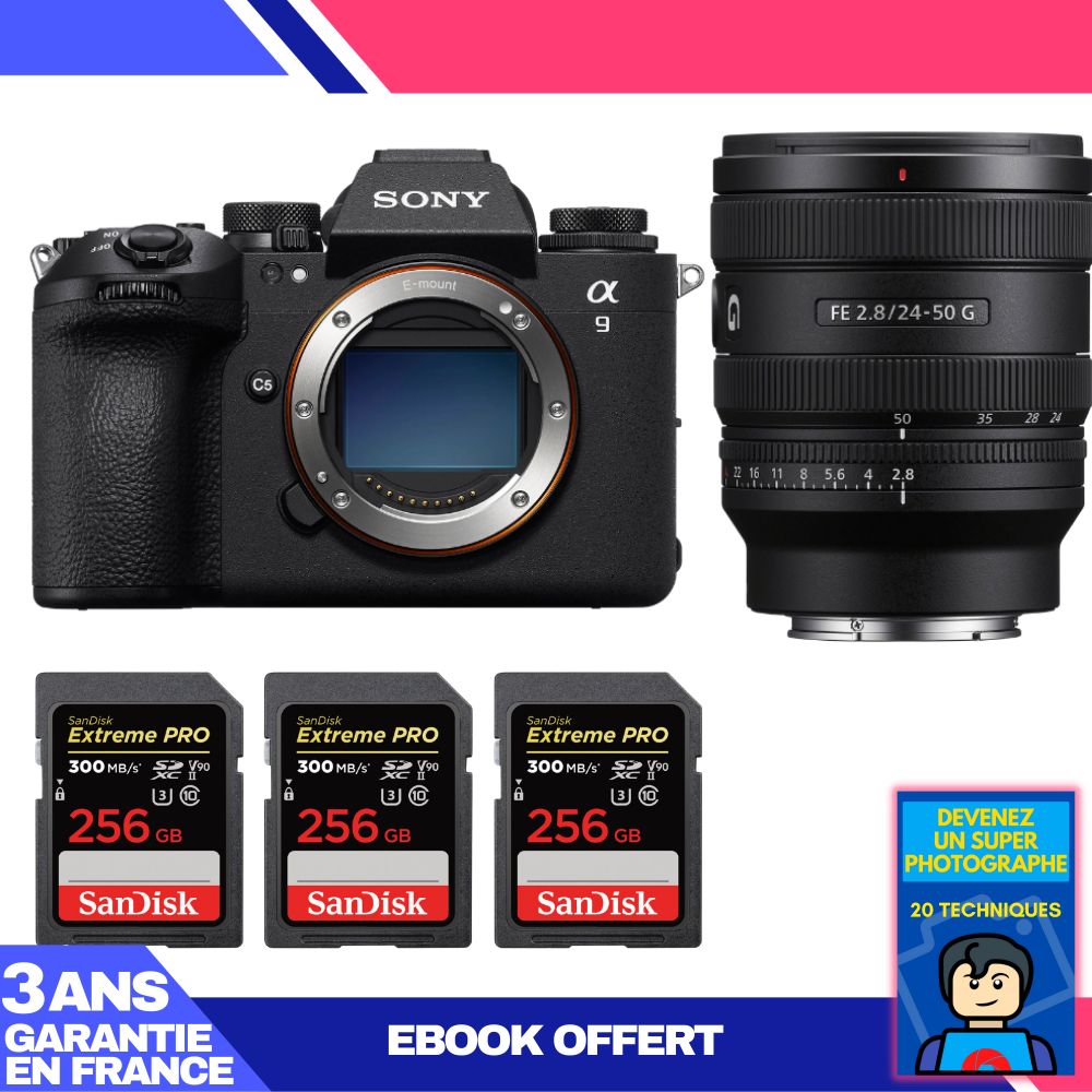 Sony A9 III Camera Kit with FE 24-50mm f/2.8 G Lens + 3x 256GB SanDisk Extreme PRO UHS-II SDXC Cards