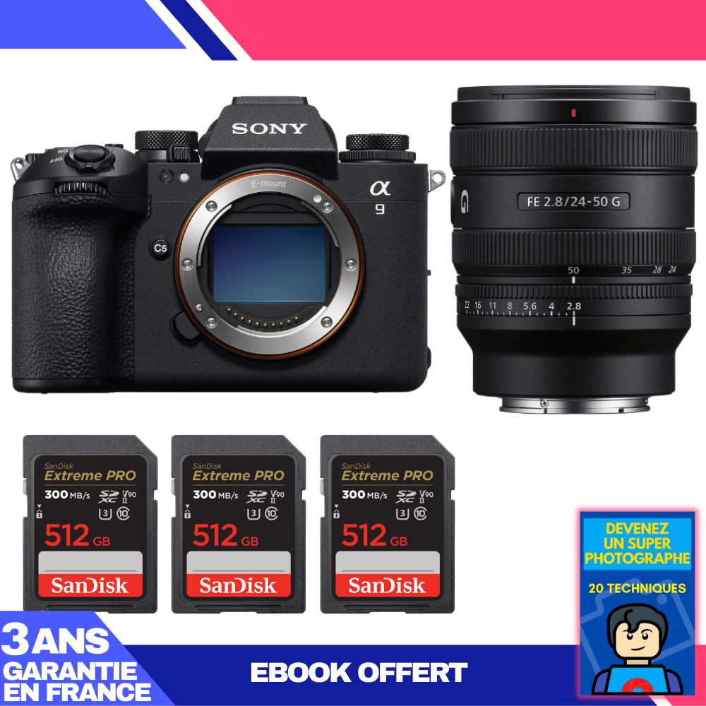Sony A9 III Camera + FE 24-50mm f/2.8 G Lens + 3 SanDisk 512GB Extreme PRO UHS-II SDXC Memory Cards