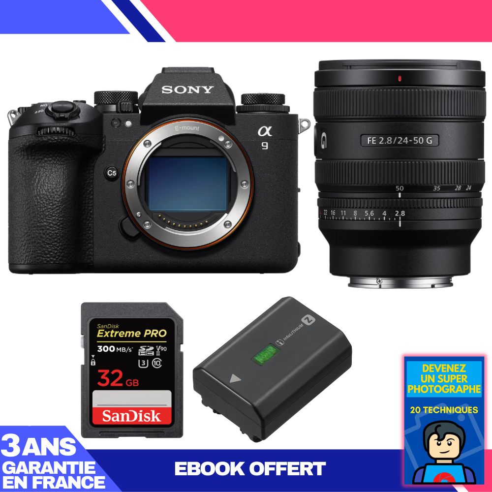 Sony A9 III Camera Kit with FE 24-50mm f/2.8 G Lens + SanDisk 32GB Extreme PRO UHS-II SDXC Card + Sony NP-FZ100 Battery + 'Become a Super Photographer' Ebook