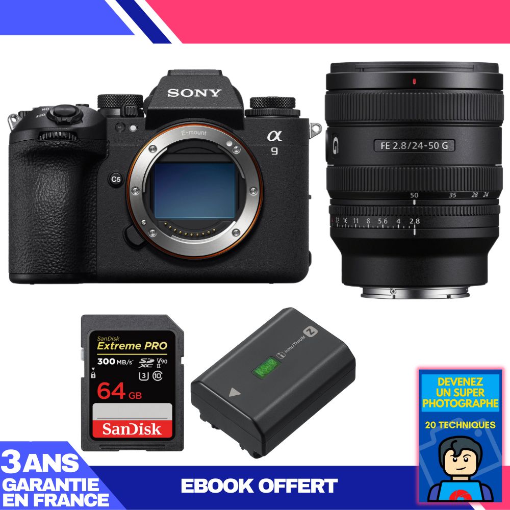 Sony A9 III Camera Kit with FE 24-50mm f/2.8 G Lens and SanDisk 128GB Extreme PRO SD Card + Battery