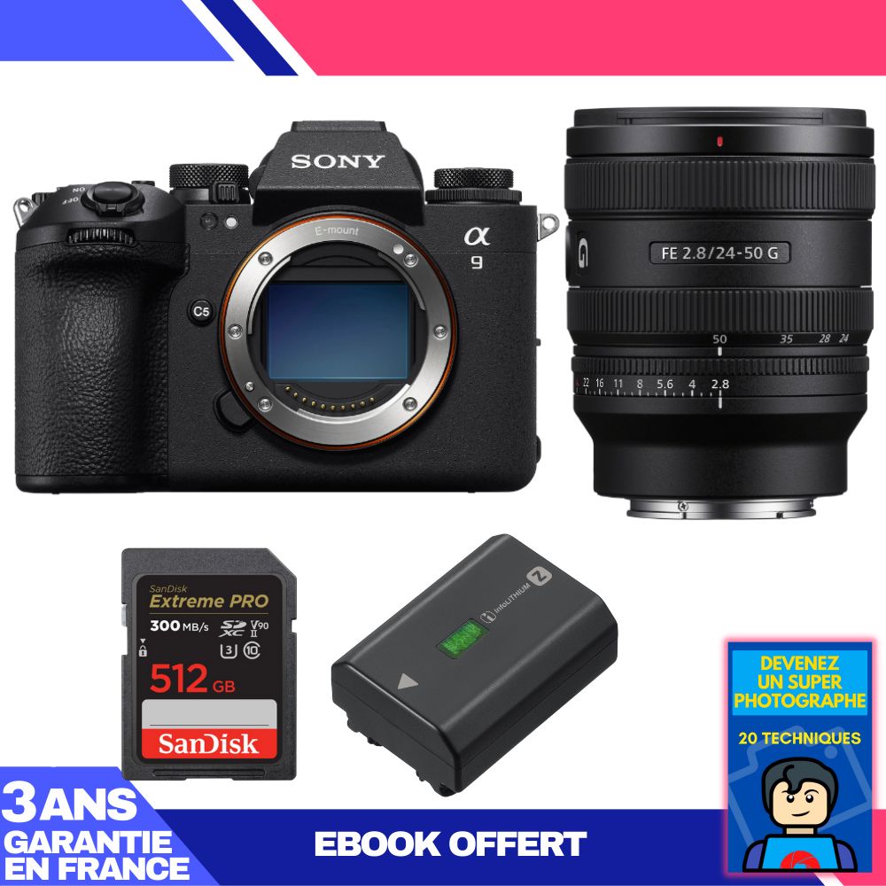 Sony A9 III Camera + FE 24-50mm f/2.8 G Lens + 1 SanDisk 512GB Extreme PRO UHS-II SDXC Card + 1 Sony NP-FZ100 Battery + Ebook 'Become a Super Photographer'