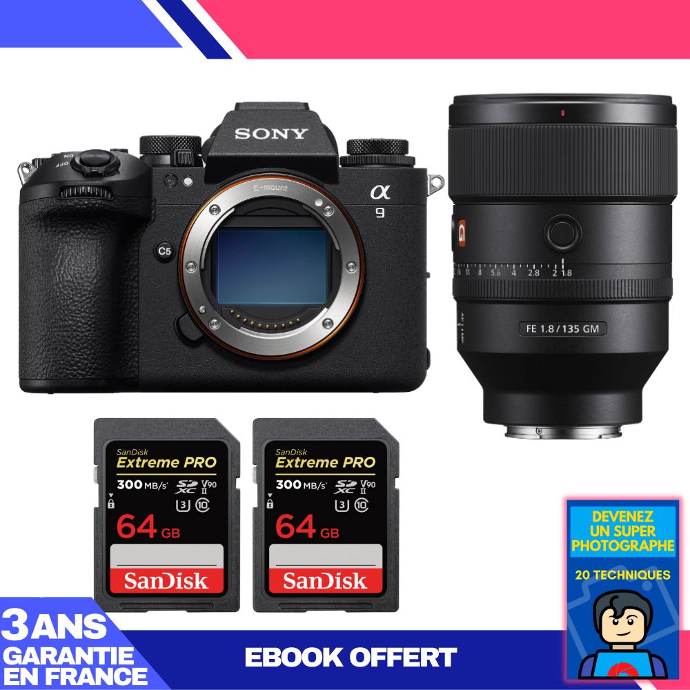 Sony A9 III Camera + FE 135mm f/1.8 GM Lens + 2 SanDisk 64GB Extreme PRO UHS-II SDXC Cards + 'Become a Super Photographer' Ebook