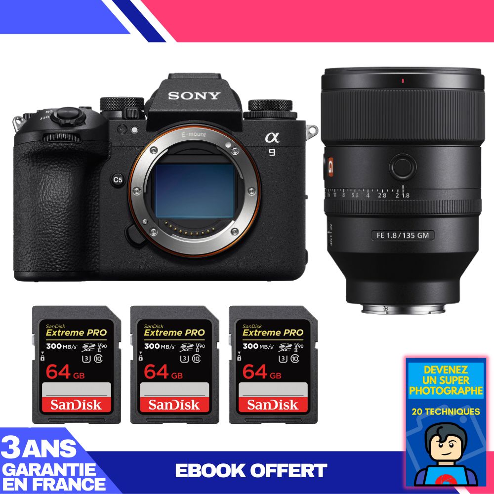 Sony A9 III Camera + FE 135mm f/1.8 GM Lens + 3 SanDisk 64GB Extreme PRO UHS-II SDXC Cards + 'Become a Super Photographer' Ebook