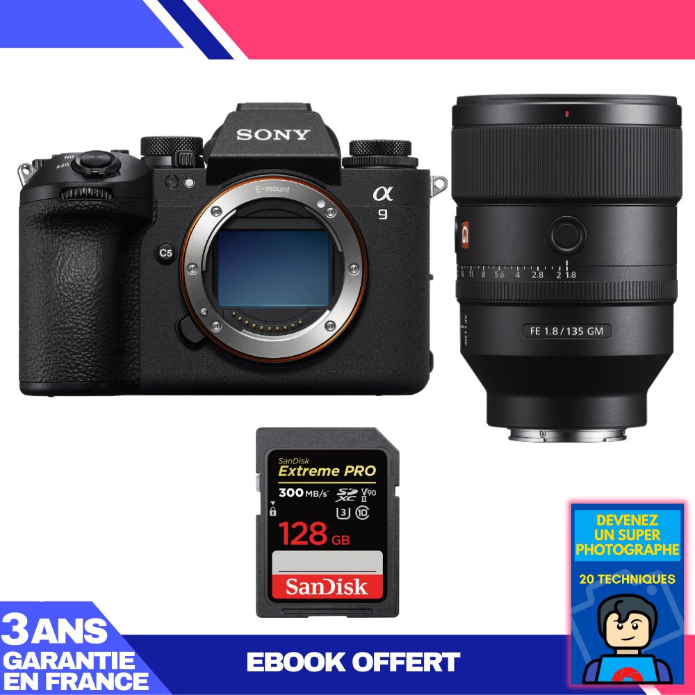 Sony A9 III Camera + FE 135mm f/1.8 GM Lens + 1 SanDisk 128GB Extreme PRO UHS-II SDXC Card + 'Become a Super Photographer' Ebook