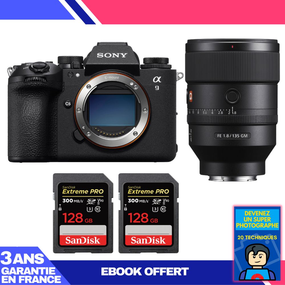 Sony A9 III Camera + FE 135mm f/1.8 GM Lens + 2 SanDisk 128GB Extreme PRO UHS-II SDXC Cards + 'Become a Super Photographer' Ebook