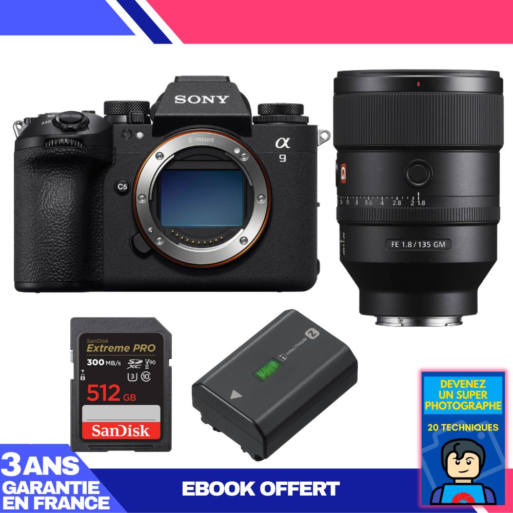 Sony A9 III Camera Body + FE 135mm f/1.8 GM Lens + 1x SanDisk 512GB Extreme PRO UHS-II SDXC Card + 1x Sony NP-FZ100 Battery + Ebook: 'Become a Super Photographer'