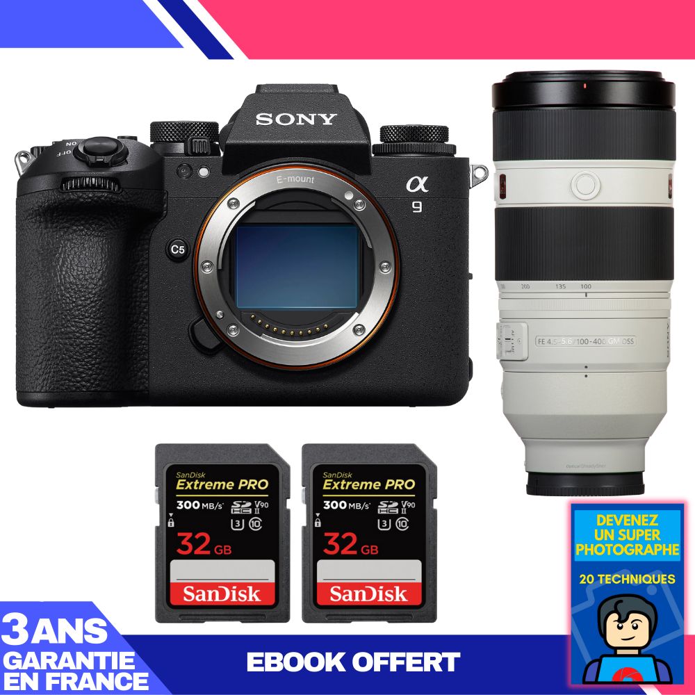 Sony A9 III Camera Body + FE 100-400mm f/4.5-5.6 GM OSS Lens + 2 SanDisk 32GB Extreme PRO UHS-II SDXC Cards + 'Become a Super Photographer Ebook',