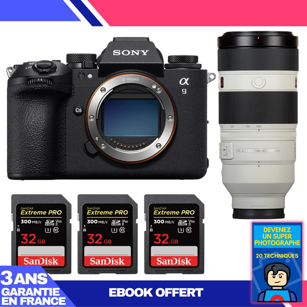 Sony A9 III Camera + FE 100-400mm f/4.5-5.6 GM OSS Lens + 3 SanDisk 32GB Extreme PRO UHS-II SDXC Cards + 'Become a Super Photographer' Ebook