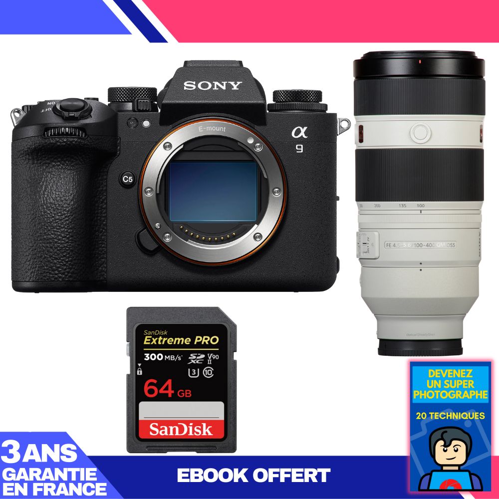 Sony A9 III Body + FE 100-400mm f/4.5-5.6 GM OSS Lens + 1 SanDisk 64GB Extreme PRO UHS-II SDXC Card + 'Become a Super Photographer' Ebook