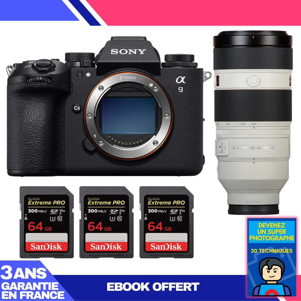 Sony A9 III Camera + FE 100-400mm f/4.5-5.6 GM OSS Lens + 3 SanDisk 64GB Extreme PRO UHS-II SDXC Cards + 'Become a Super Photographer Ebook