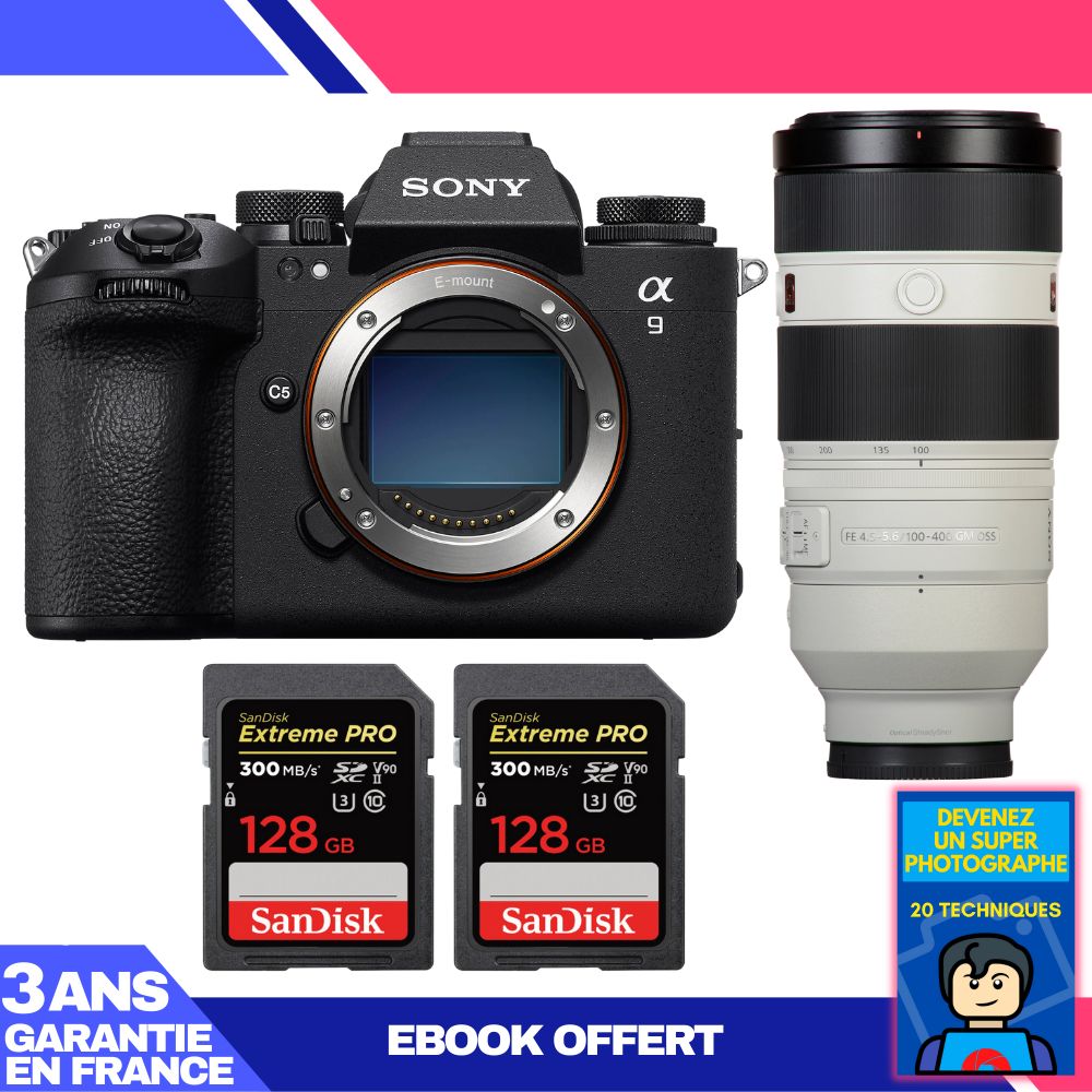 Sony A9 III Body + FE 100-400mm f/4.5-5.6 GM OSS Lens + 2 SanDisk 128GB Extreme PRO UHS-II SDXC Cards + 'Become a Super Photographer Ebook',