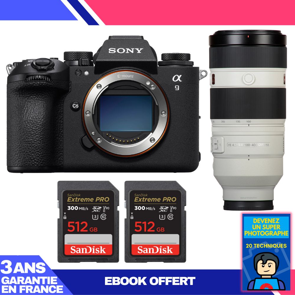 Sony A9 III Camera + FE 100-400mm f/4.5-5.6 GM OSS Lens + 2 SanDisk 512GB Extreme PRO UHS-II SDXC Cards + 'Become a Super Photographer Ebook