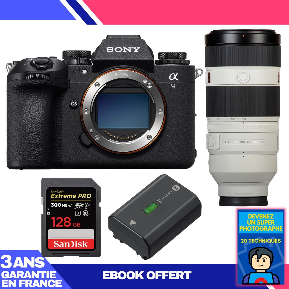 Sony A9 III Camera + FE 100-400mm f/4.5-5.6 GM OSS Lens + 1 SanDisk 128GB Extreme PRO UHS-II SDXC Card + 1 Sony NP-FZ100 Battery + 'Become a Super Photographer' Ebook