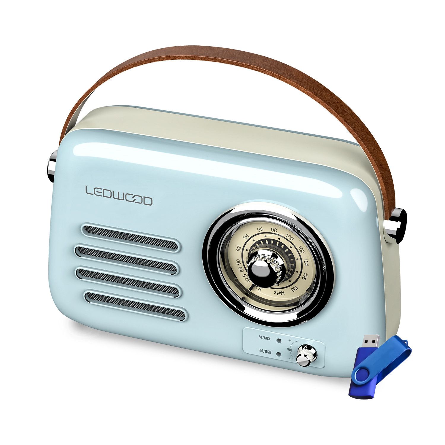 Ledwood ALMA Retro Portable Radio with Bluetooth 5.3, USB Input, 30W Power - 1500mAh Battery - Blue + 32G Key