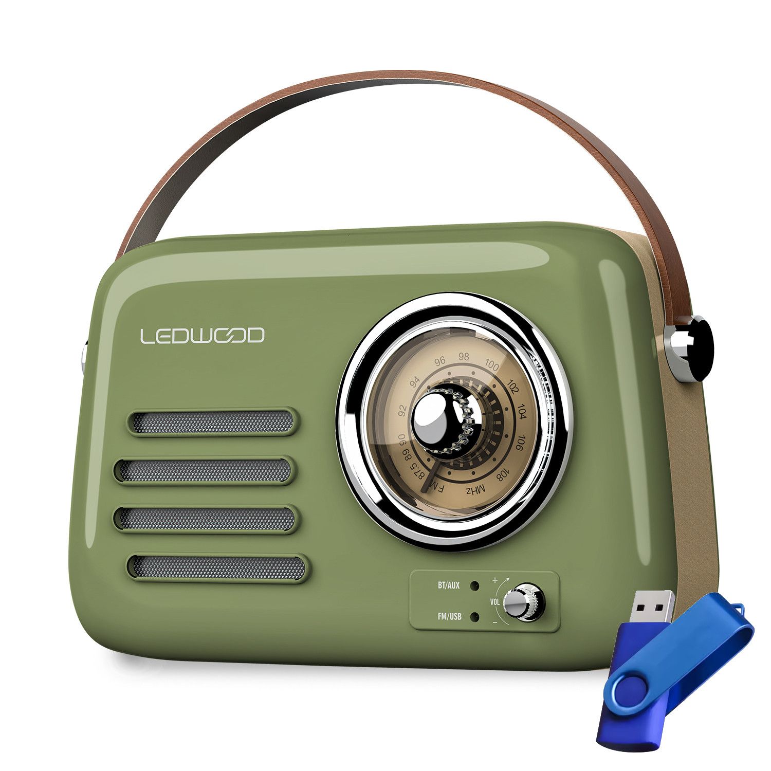 Ledwood ALMA Retro Portable Radio, 30W Bluetooth Speaker with USB Input - Olive Green + Key (32GB)