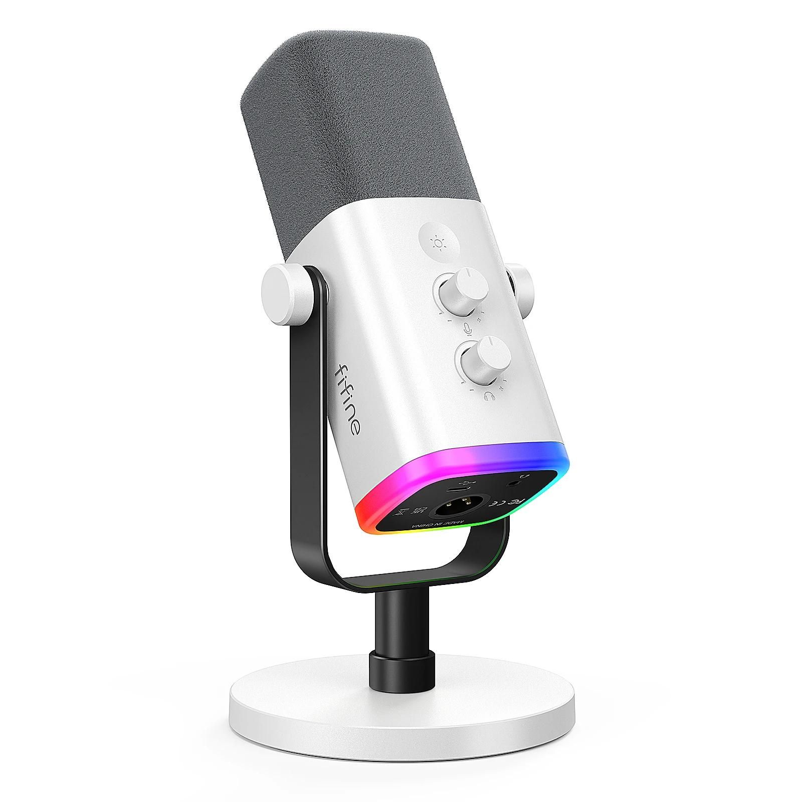 FIFINE Dynamic USB/XLR Microphone with Mute Button, Headphone Jack, Controls for PC, PS5/4 Mixer, Game Amplifier AM8 (White)