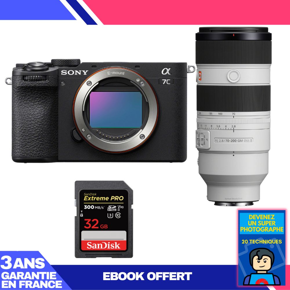 Sony A7C II Black Body + FE 70-200mm f/2.8 GM OSS II Lens + 1 SanDisk 32GB Extreme PRO UHS-II SDXC Card + 'Become a Super Photographer' Ebook