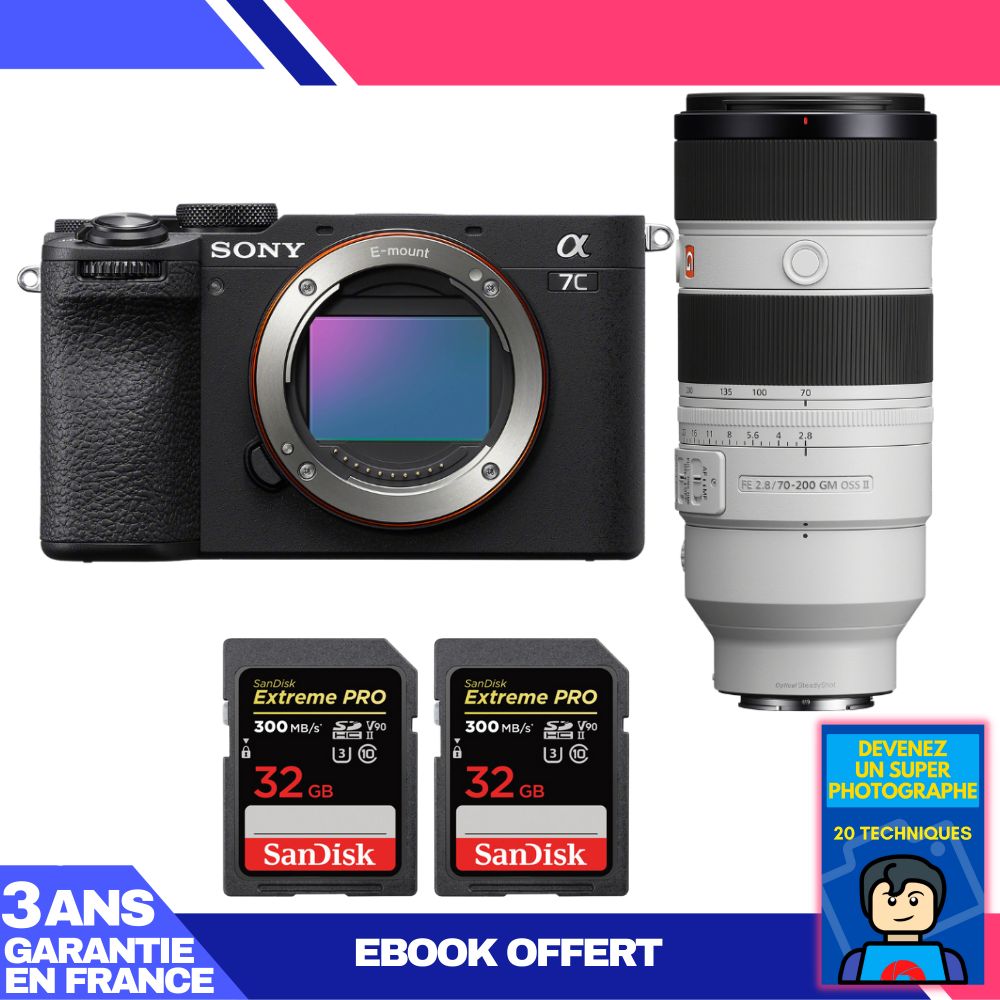 Sony A7C II Black Kit with FE 70-200mm f/2.8 GM OSS II Lens + 2x SanDisk 32GB Extreme PRO UHS-II SDXC Cards
