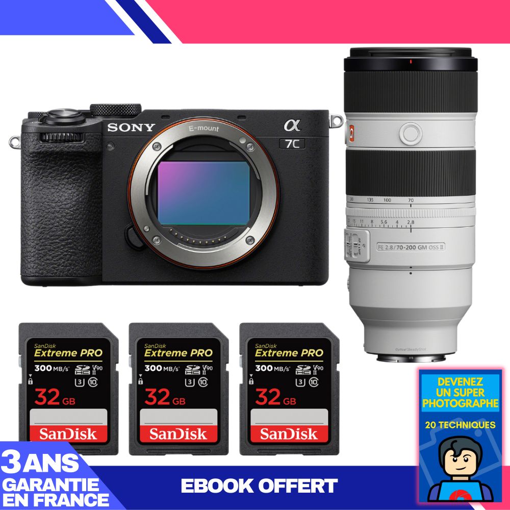 Sony A7C II Black Kit with FE 70-200mm f/2.8 GM OSS II and 3x SanDisk 32GB Extreme PRO UHS-II SDXC Cards