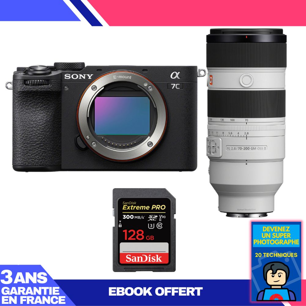 Sony A7C II Black Camera Kit with FE 70-200mm f/2.8 GM OSS II Lens + SanDisk 128GB Extreme PRO UHS-II SDXC Card