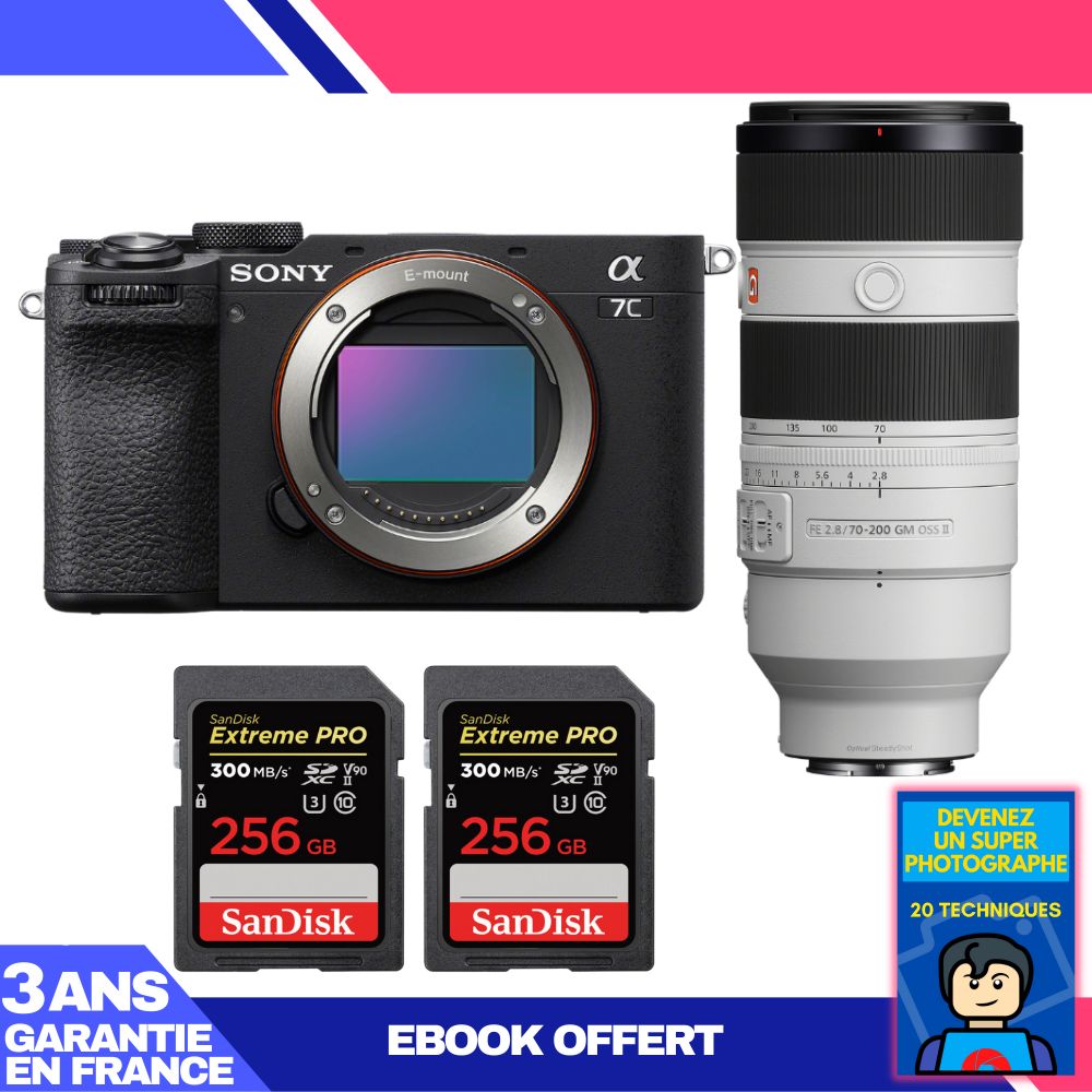 Caja Sony A7C II Negra + Objetivo FE 70-200mm f/2.8 GM OSS II + 2 Tarjetas SanDisk 256GB Extreme PRO UHS-II SDXC + Guía 'Conviértete en un Fotógrafo Super'