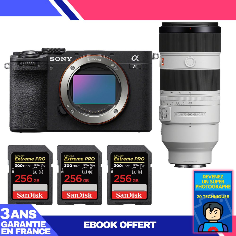Kit Sony A7C II Negro con objetivo FE 70-200mm f/2.8 GM OSS II + 3 tarjetas SanDisk 256GB Extreme PRO UHS-II SDXC + ebook 'Conviértete en un fotógrafo súper'