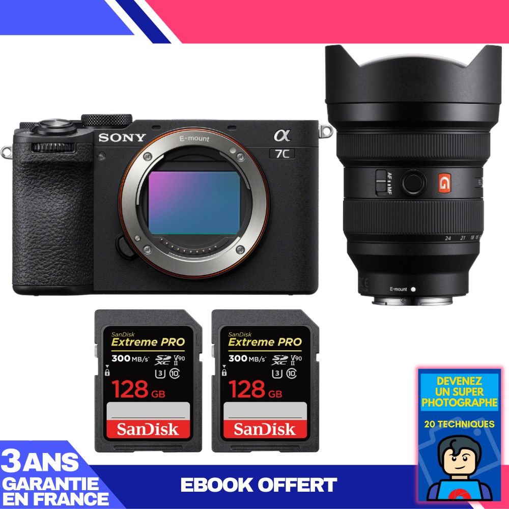 Sony A7C II Black Body + FE 12-24mm f/2.8 GM Lens + 2 SanDisk 128GB Extreme PRO UHS-II SDXC Cards + 'Become a Super Photographer' Ebook