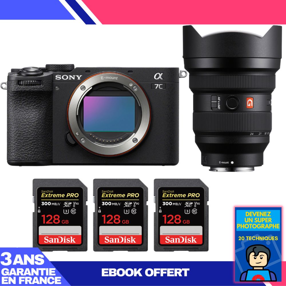 Sony A7C II Black Camera Kit with FE 12-24mm f/2.8 GM Lens + 3 SanDisk 128GB Extreme PRO UHS-II SDXC Memory Cards