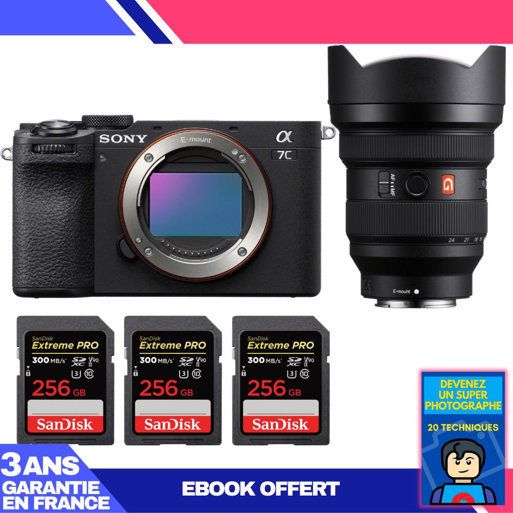 Sony A7C II Black Body + FE 12-24mm f/2.8 GM Lens + 3 SanDisk 256GB Extreme PRO UHS-II SDXC Cards