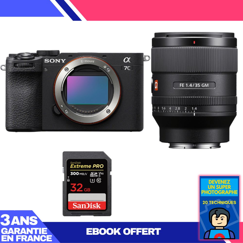 Sony A7C II Black Body + FE 35mm f/1.4 GM Lens + 1x SanDisk 32GB Extreme PRO UHS-II SDXC Card + 'Become a Super Photographer' Ebook