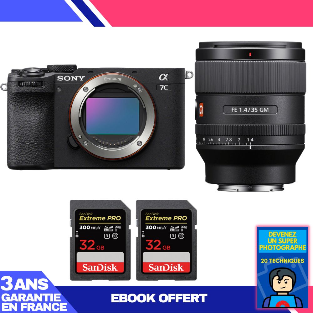 Sony A7C II Black Kit with FE 35mm f/1.4 GM Lens + 2x SanDisk 32GB Extreme PRO UHS-II SDXC Cards + 'Become a Master Photographer' Ebook