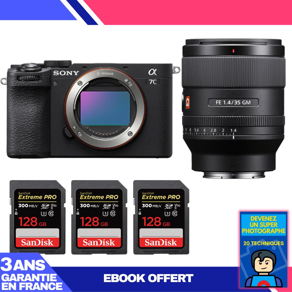 Sony A7C II Black Body + FE 35mm f/1.4 GM Lens + 3 SanDisk 128GB Extreme PRO UHS-II SDXC Cards + 'Become a Super Photographer' Ebook