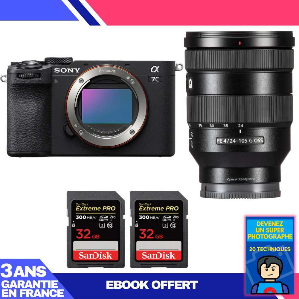 Sony A7C II Black Kit with FE 24-105mm f/4 G OSS and 2 SanDisk 32GB Extreme PRO UHS-II SDXC Cards + Ebook: Become a Super Photographer