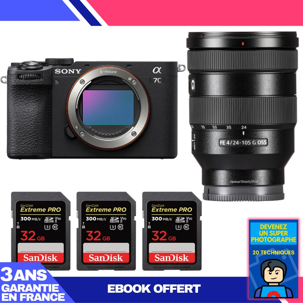 Sony A7C II Black Kit with FE 24-105mm f/4 G OSS Lens + 3x SanDisk 32GB Extreme PRO UHS-II SDXC Cards