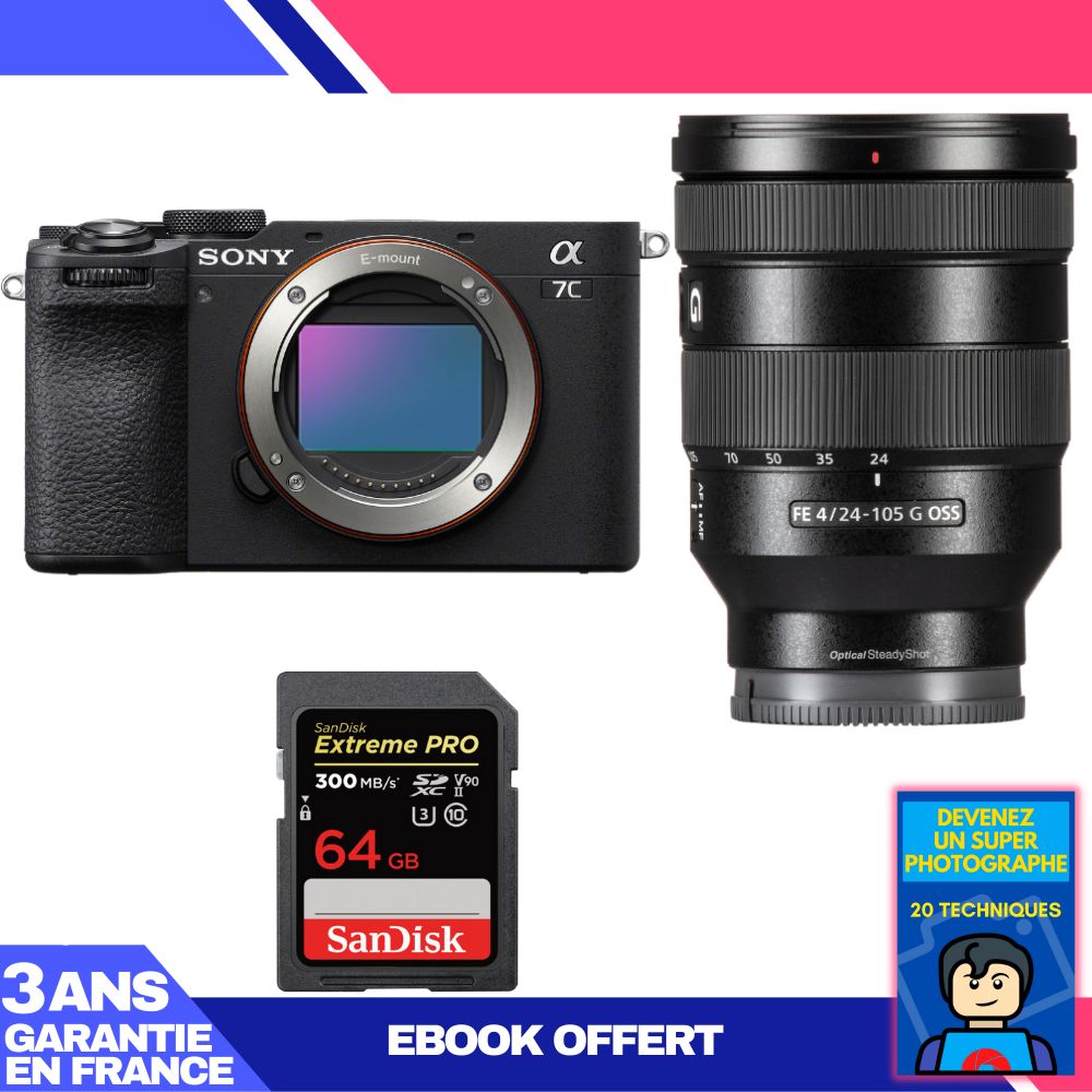 Sony A7C II Black Kit with FE 24-105mm f/4 G OSS and 1x 64GB SanDisk Extreme PRO UHS-II SDXC Card