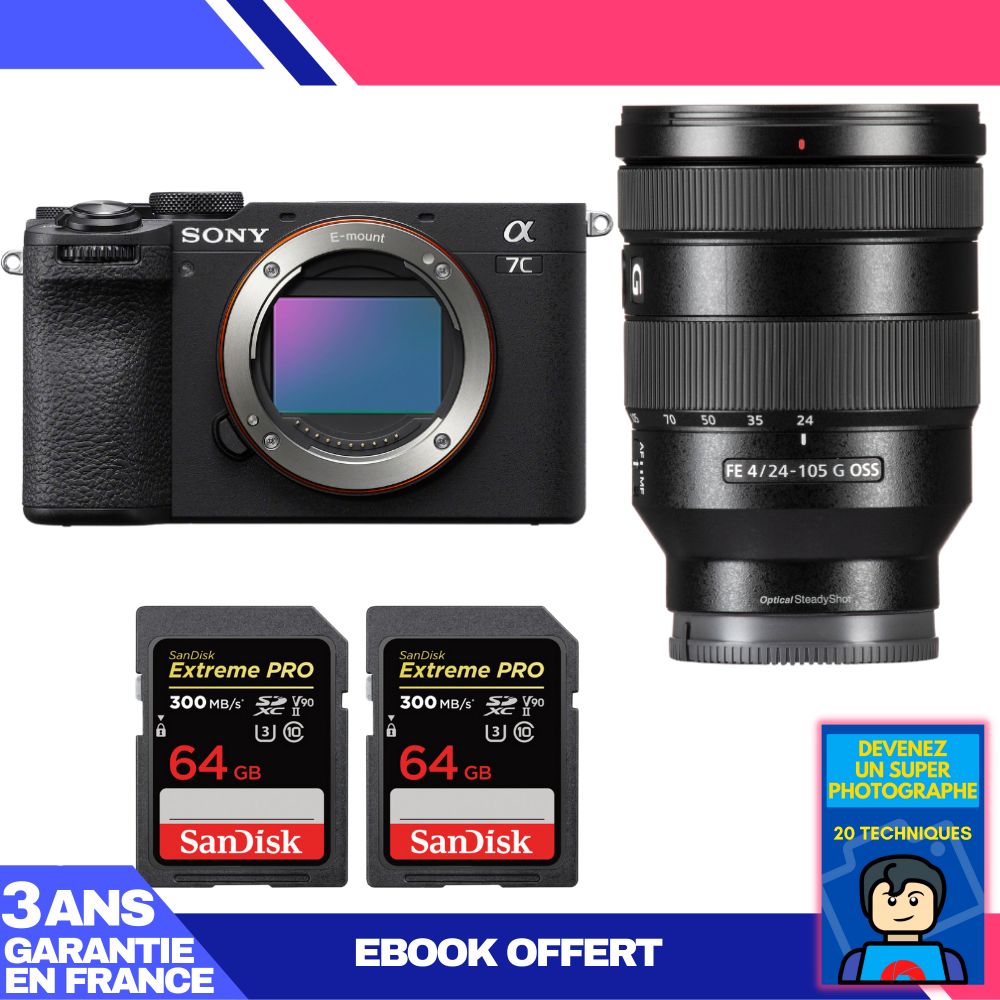 Sony A7C II Black Kit with FE 24-105mm f/4 G OSS Lens + 2 SanDisk 64GB Extreme PRO UHS-II SDXC Cards