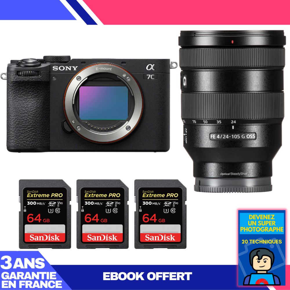 Sony A7C II Black Body + FE 24-105mm f/4 G OSS Lens + 3 SanDisk 64GB Extreme PRO UHS-II SDXC Cards + 'Become a Super Photographer' Ebook