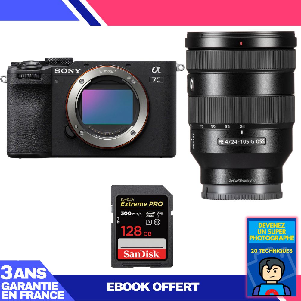 Sony A7C II Black Body + FE 24-105mm f/4 G OSS Lens + 1 SanDisk 128GB Extreme PRO UHS-II SDXC Card + 'Become a Super Photographer' Ebook