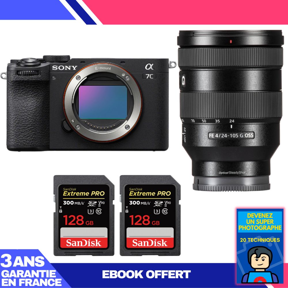 Sony A7C II Black Kit with FE 24-105mm f/4 G OSS and 2x SanDisk 128GB Extreme PRO UHS-II SDXC Cards