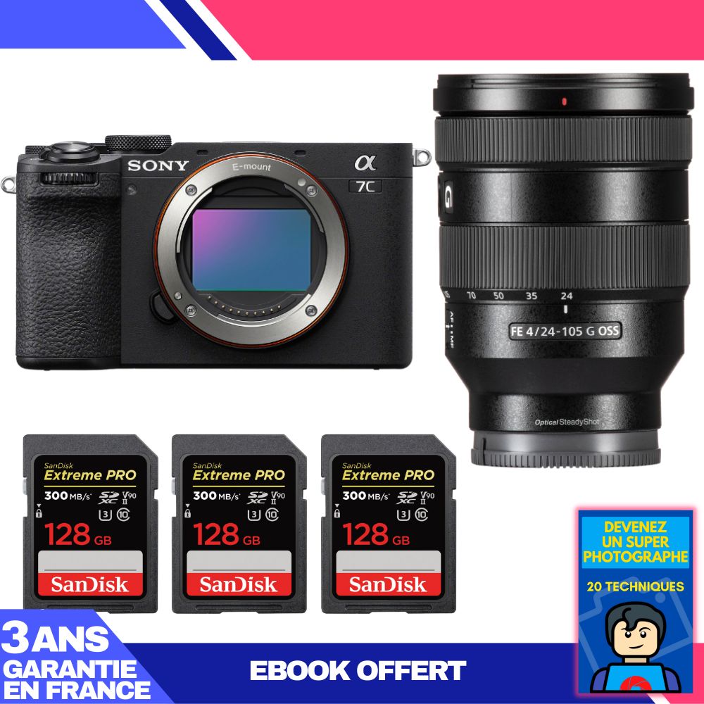 Sony A7C II Black Body + FE 24-105mm f/4 G OSS Lens + 3 SanDisk 128GB Extreme PRO UHS-II SDXC Cards