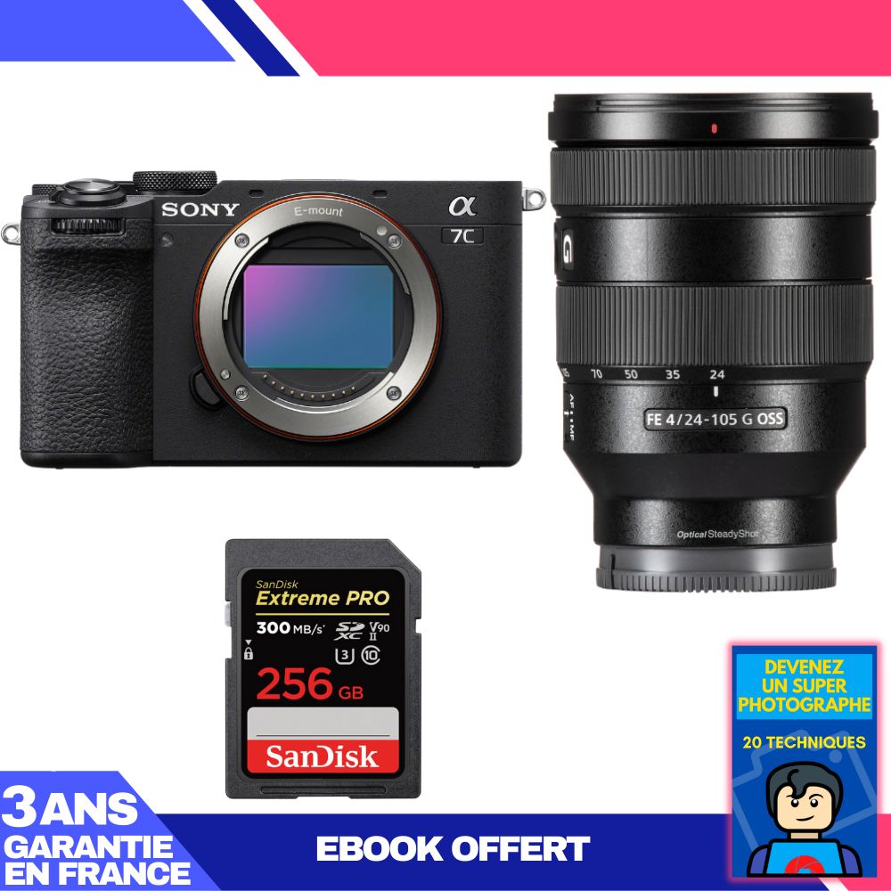 Sony A7C II Black Body + FE 24-105mm f/4 G OSS Lens + 1 SanDisk 256GB Extreme PRO UHS-II SDXC Card + 'Become a Super Photographer' Ebook